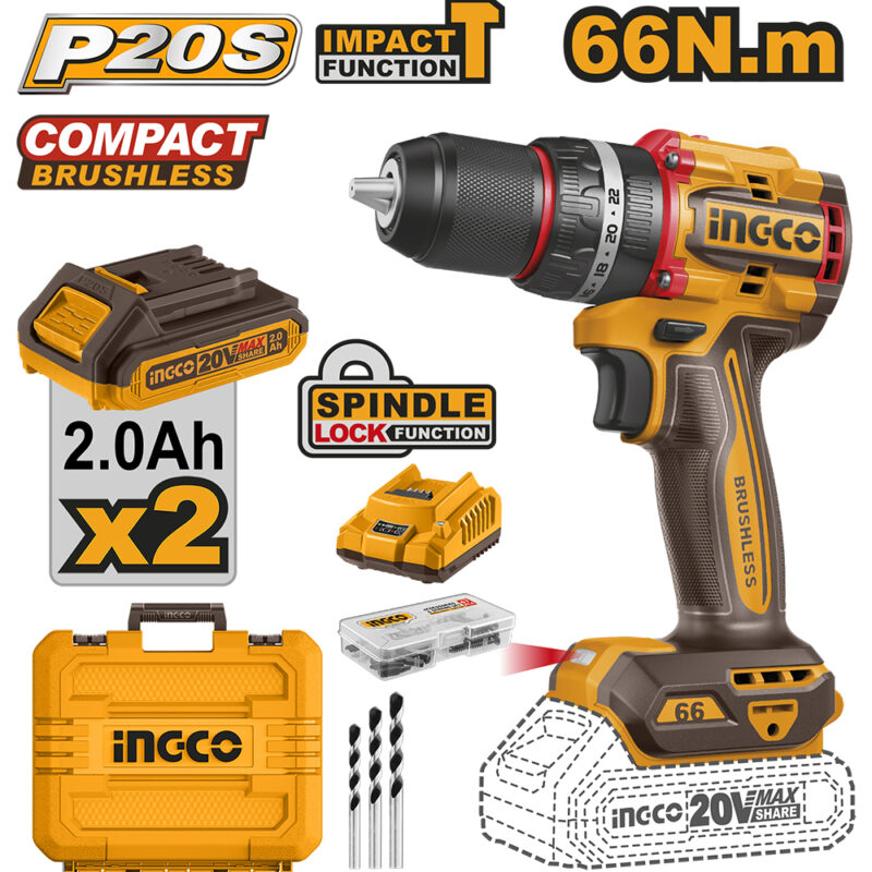 CIDLI20668-4 - TALADRO PERCUTOR 13MM 20V 66NM - SIN CARBONES - MANDRIL METÁLICO