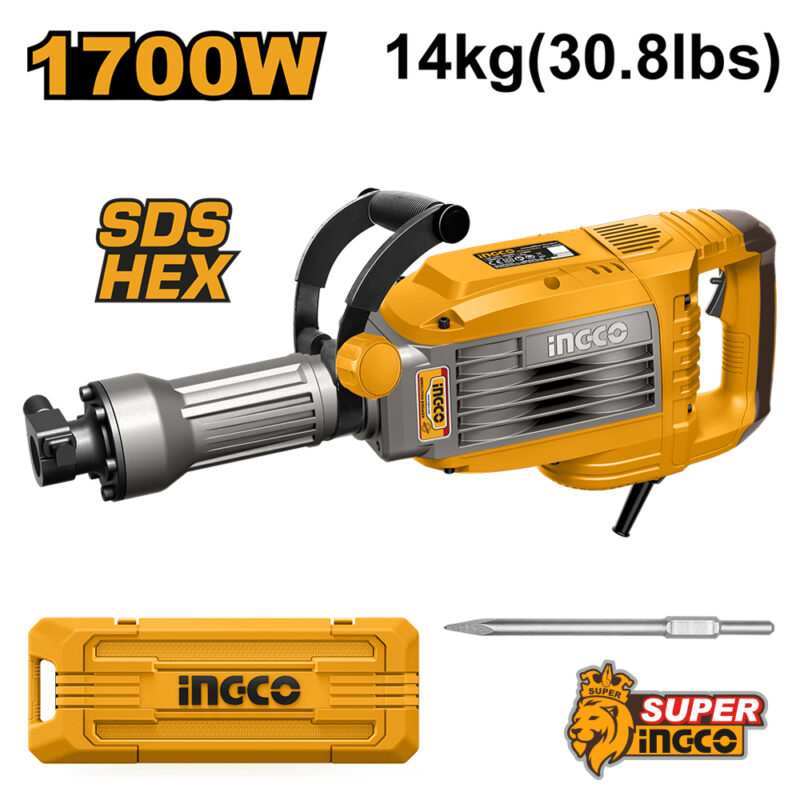 PDB170068-4 - MARTILLO DEMOLEDOR HEX. - 1700W - 50J 14 KGS CON VALIJA CINCEL Y SET EXTRA CARBONES