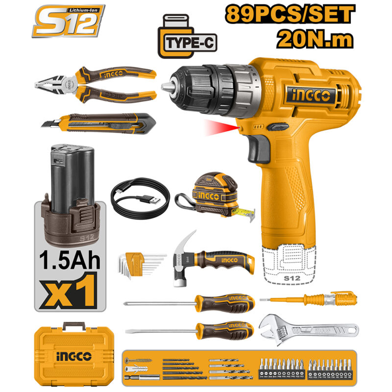 HKTHP10891 - TALADRO 12V 10MM CON CARGADOR USB + MALETÍN Y 89 ACCESORIOS