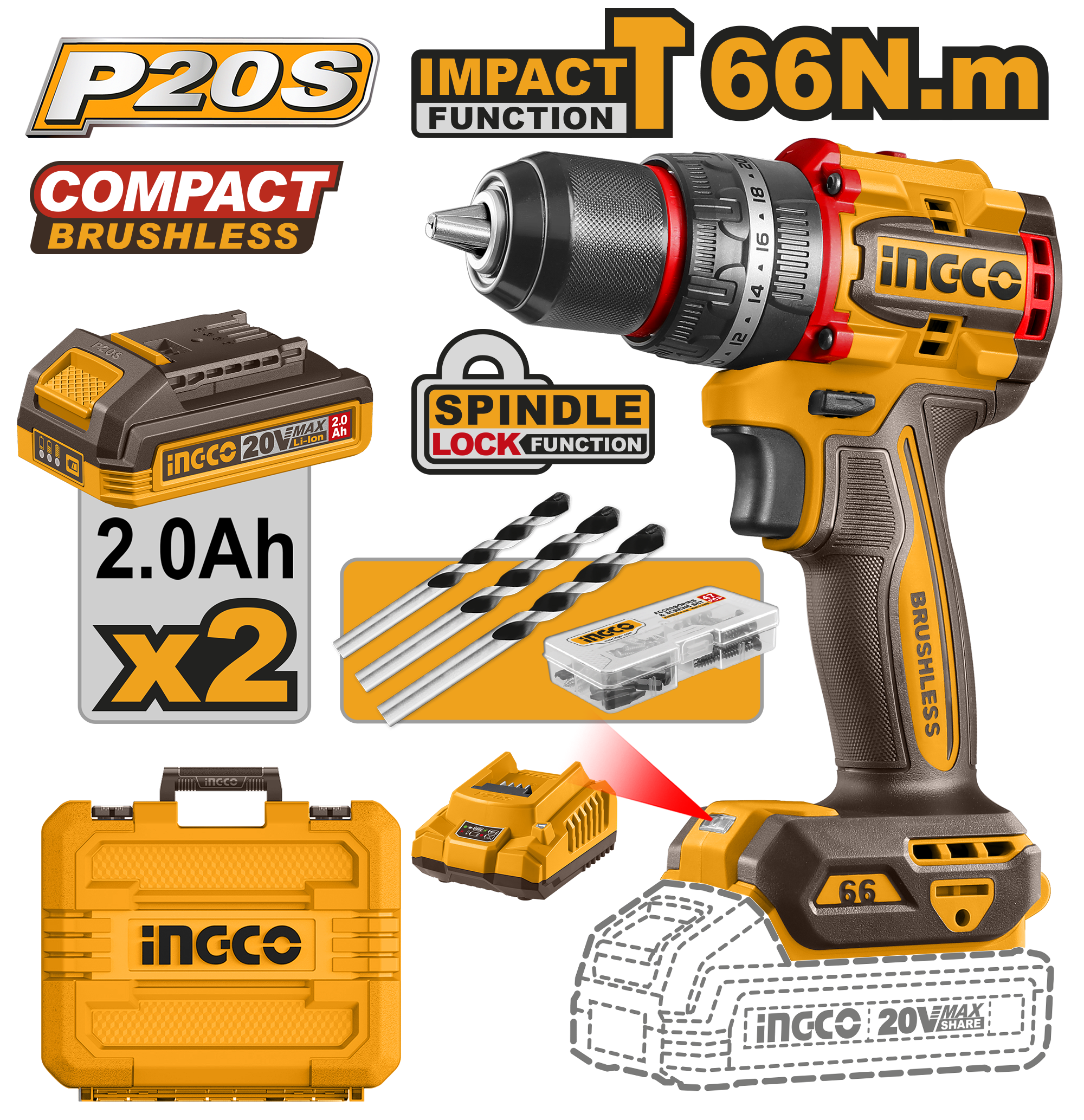Taladro Percutor 20V 13Mm 20V 66Nm - Sin Carbones - Mandril Metálico CIDLI20668-4 Ingco - Imagen 3