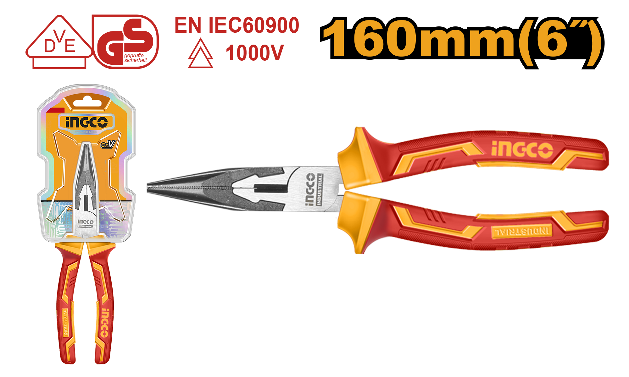 Pinza Punta Larga 1000V 6" / 160Mm HILNP28168 Ingco