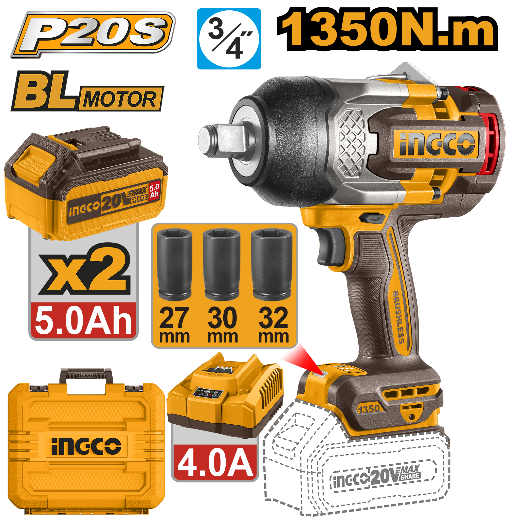 Llave De Impacto 20V  3/4" 1350Nm - Sin Carbones - Kit Maletin CIWLI20135-4 Ingco