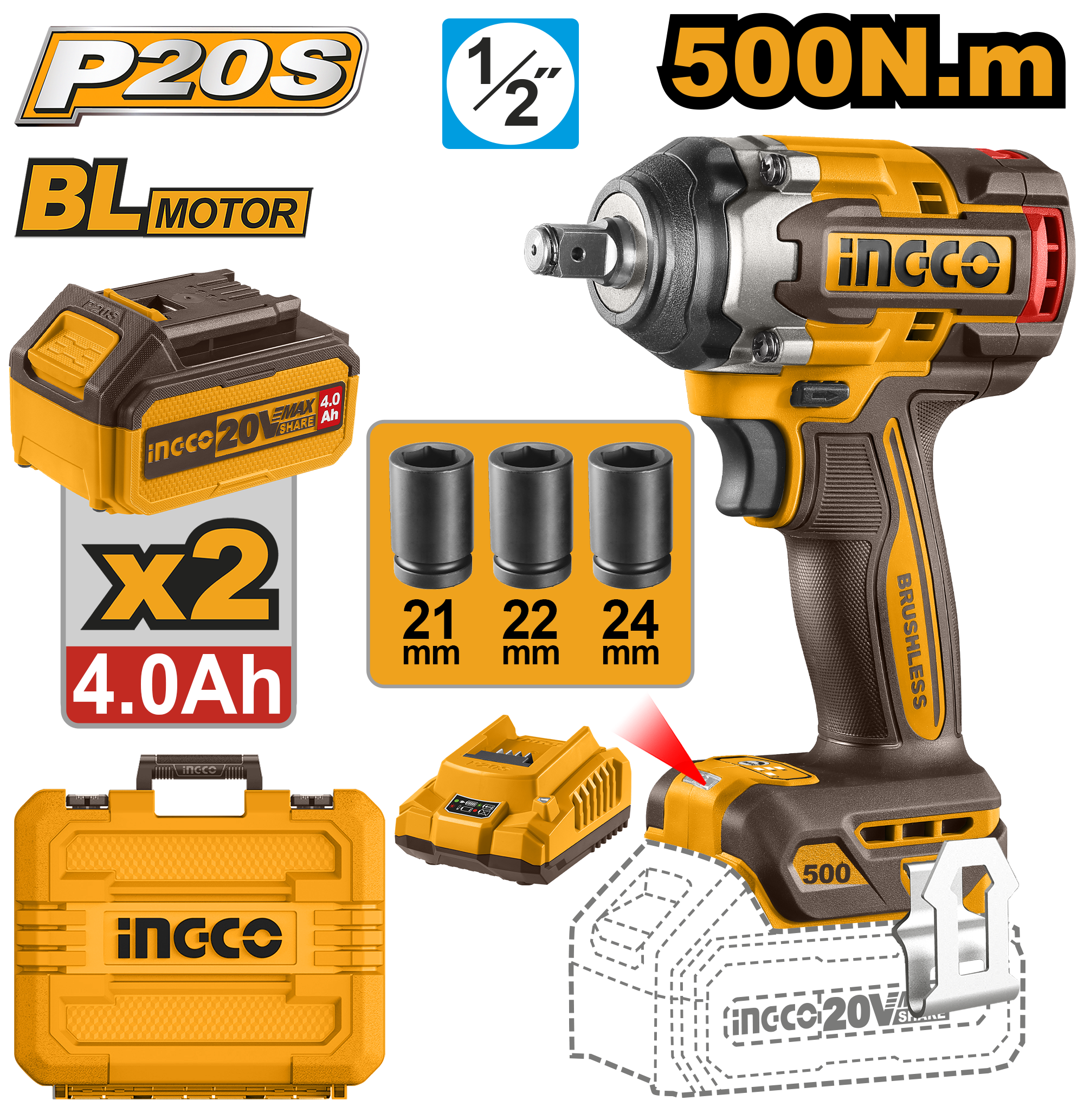 Llave De Impacto 20V 1/2" 500Nm - Sin Carbones - Kit Maletin CIWLI2050-4 Ingco