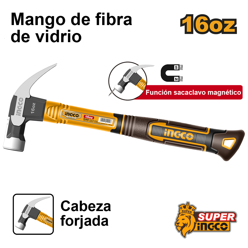 Martillo Galponero Mango Fibra 450 Grs./16 Oz. Función Imán Cabeza De HCH81016 Ingco