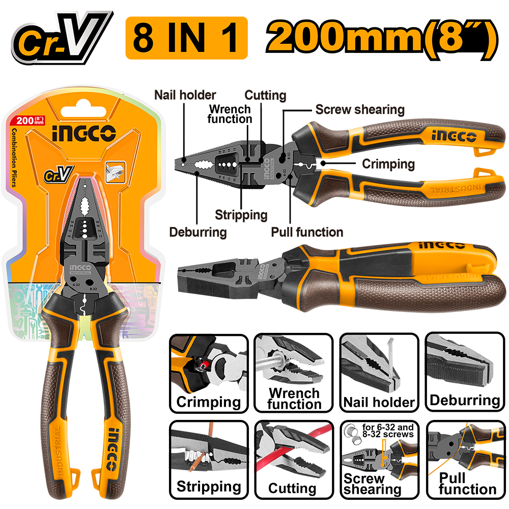 Alicate De Electricista 8" - 8 Funciones En 1 HMFCP28200 Ingco