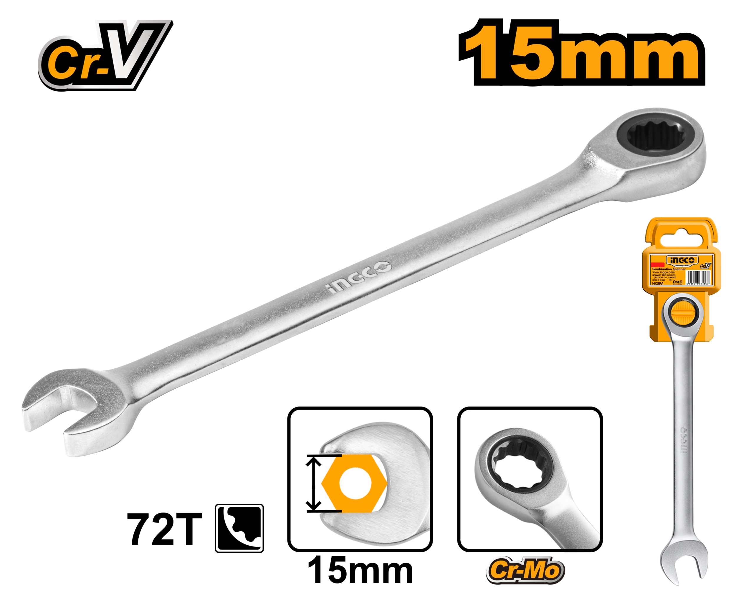 Llave Criquet Combinada Crv 15Mm HCSPAR151 Ingco