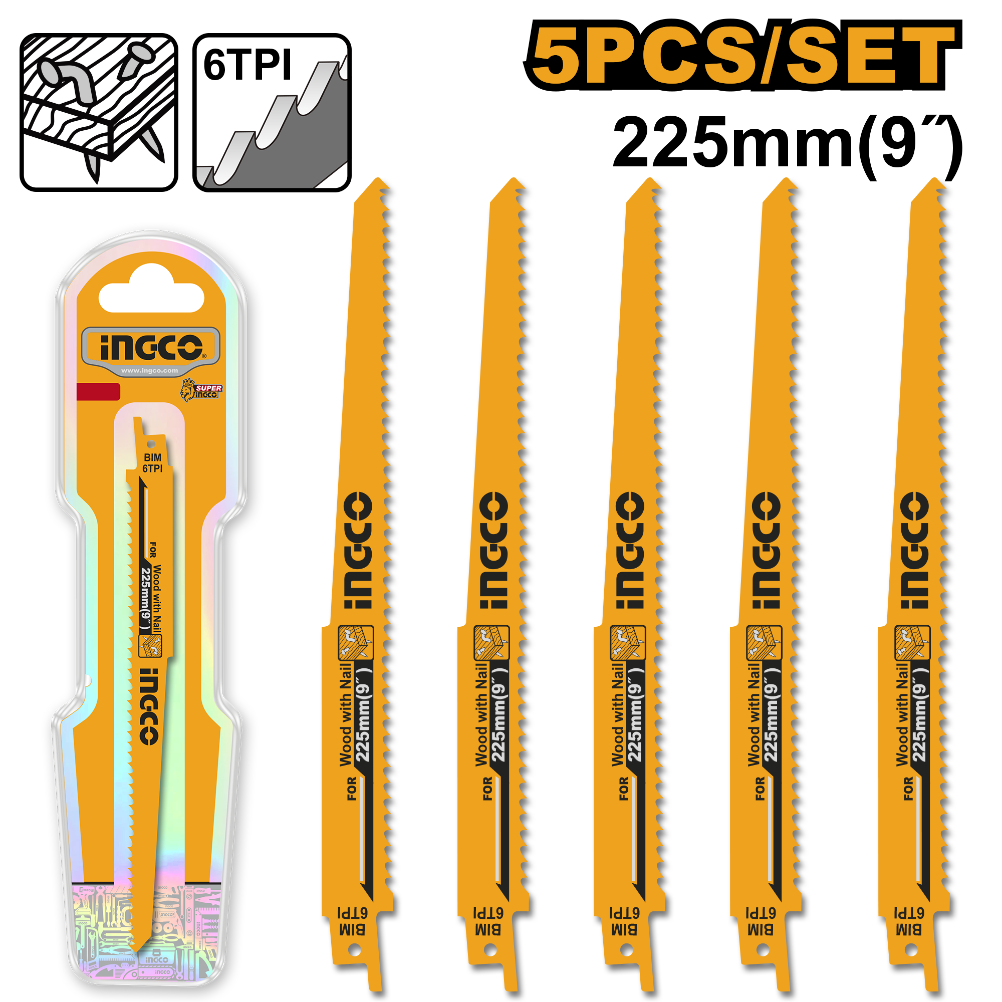 Juego 5 Piezas Hojas Para Sierra Sable Madera C Clavos RSB1111DF Ingco