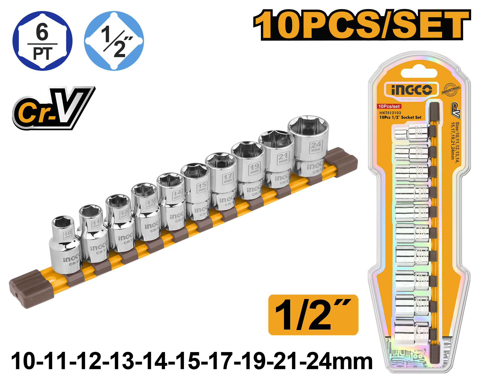Juego De 10  Tubos 1/2" 10 A 24Mm HKTS12103 Ingco