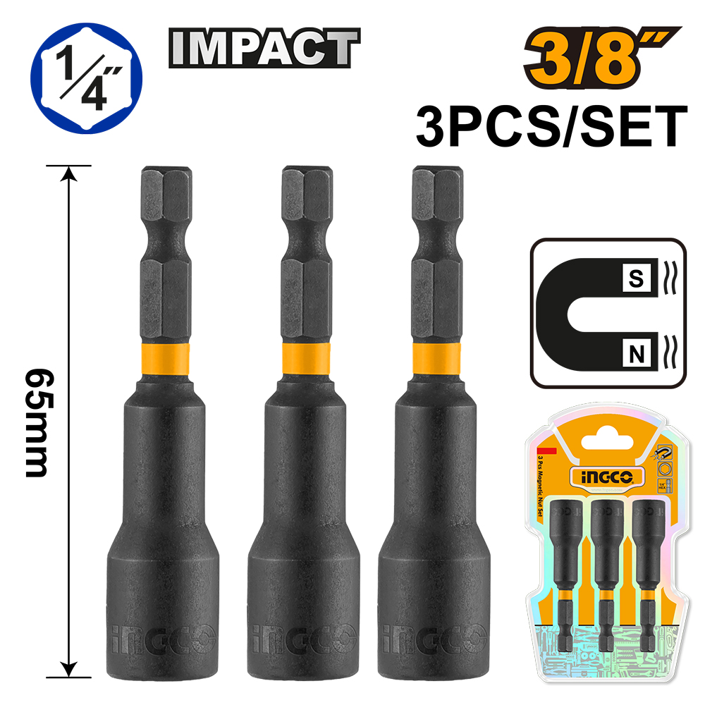 Set De Tuercas Magnéticas Punta Hexagonal 1/4" 3 Piezas UAMN1031 Ingco
