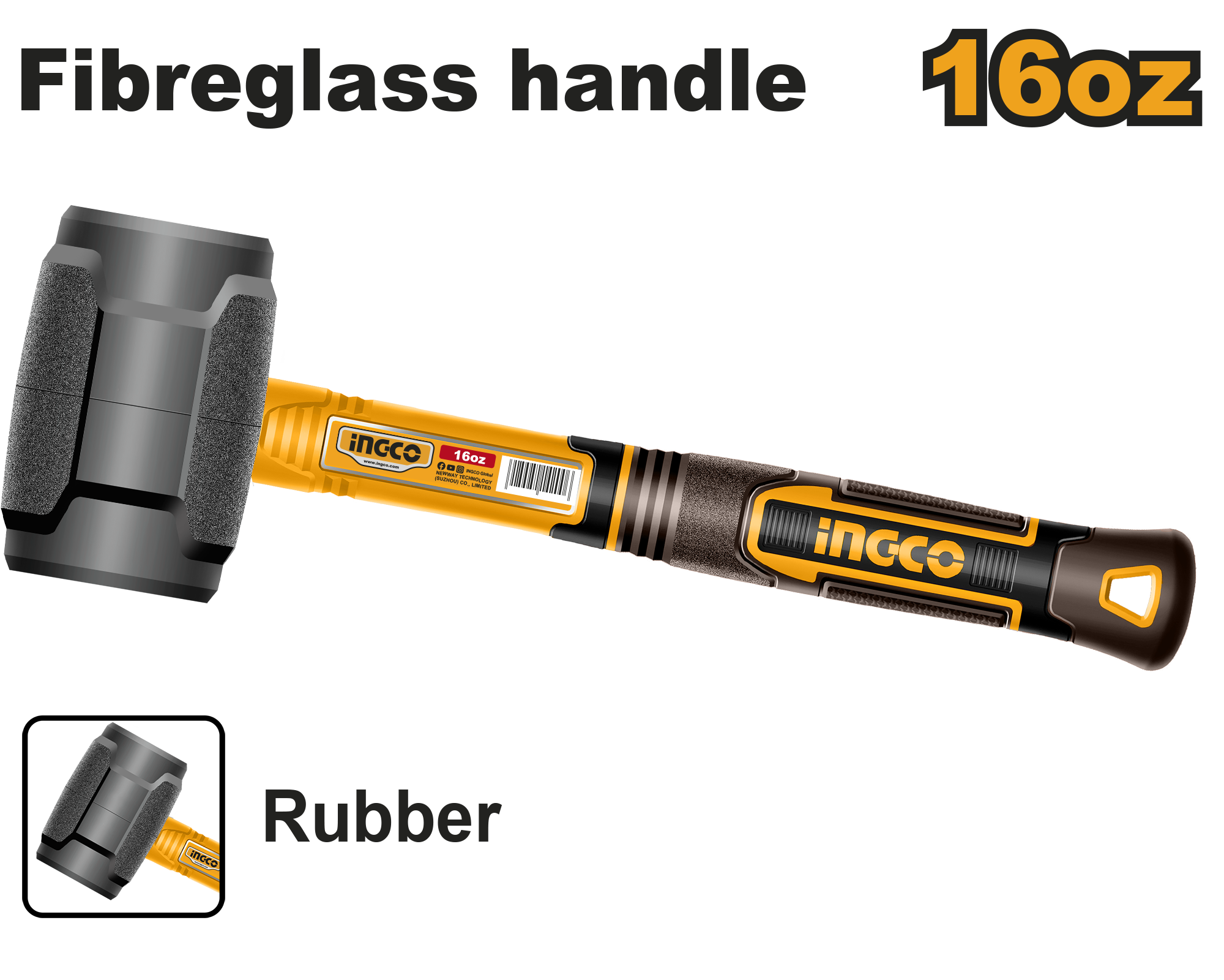 Maza De Goma Negro 450Gr Mango Fibra De Vidrio HRUH8816 Ingco