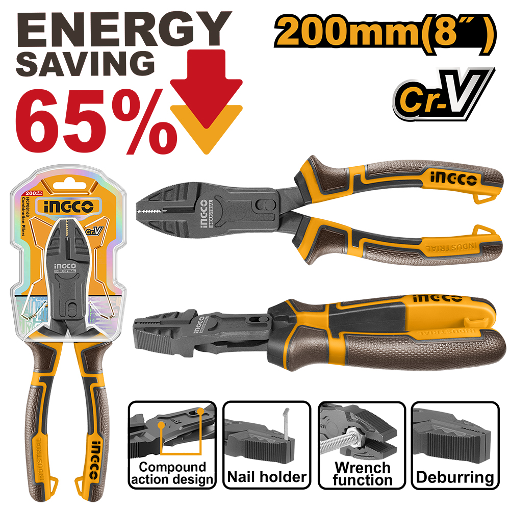 Alicate Combinado 8" 4 Funciones - Crv - Ahorro 65% Energía HCCP58200 Ingco