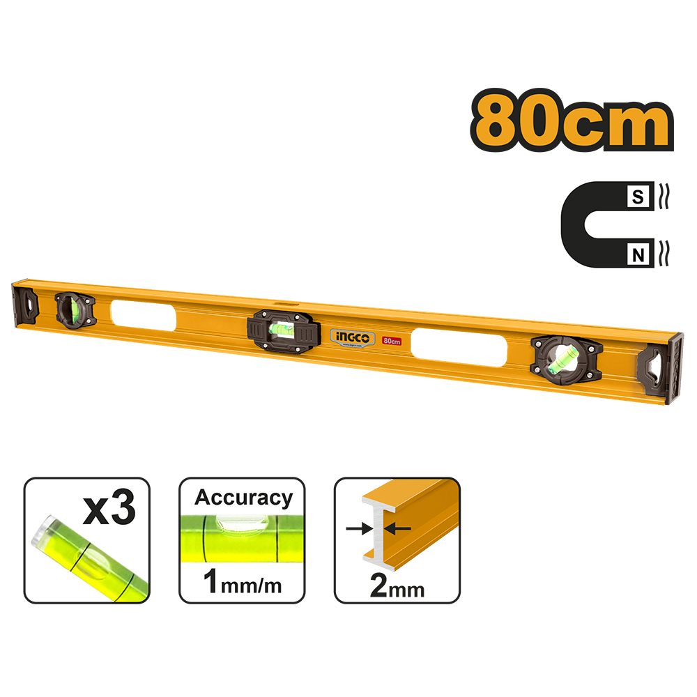 Nivel De Aluminio Magnetico 3 Burbujas 80 Cm HSL28080 Ingco