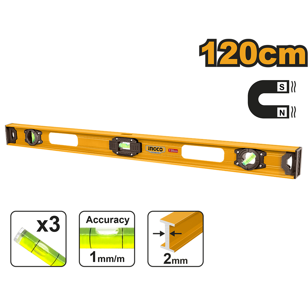 Nivel De Aluminio Magnetico 3 Burbujas 120 Cm HSL28120 Ingco