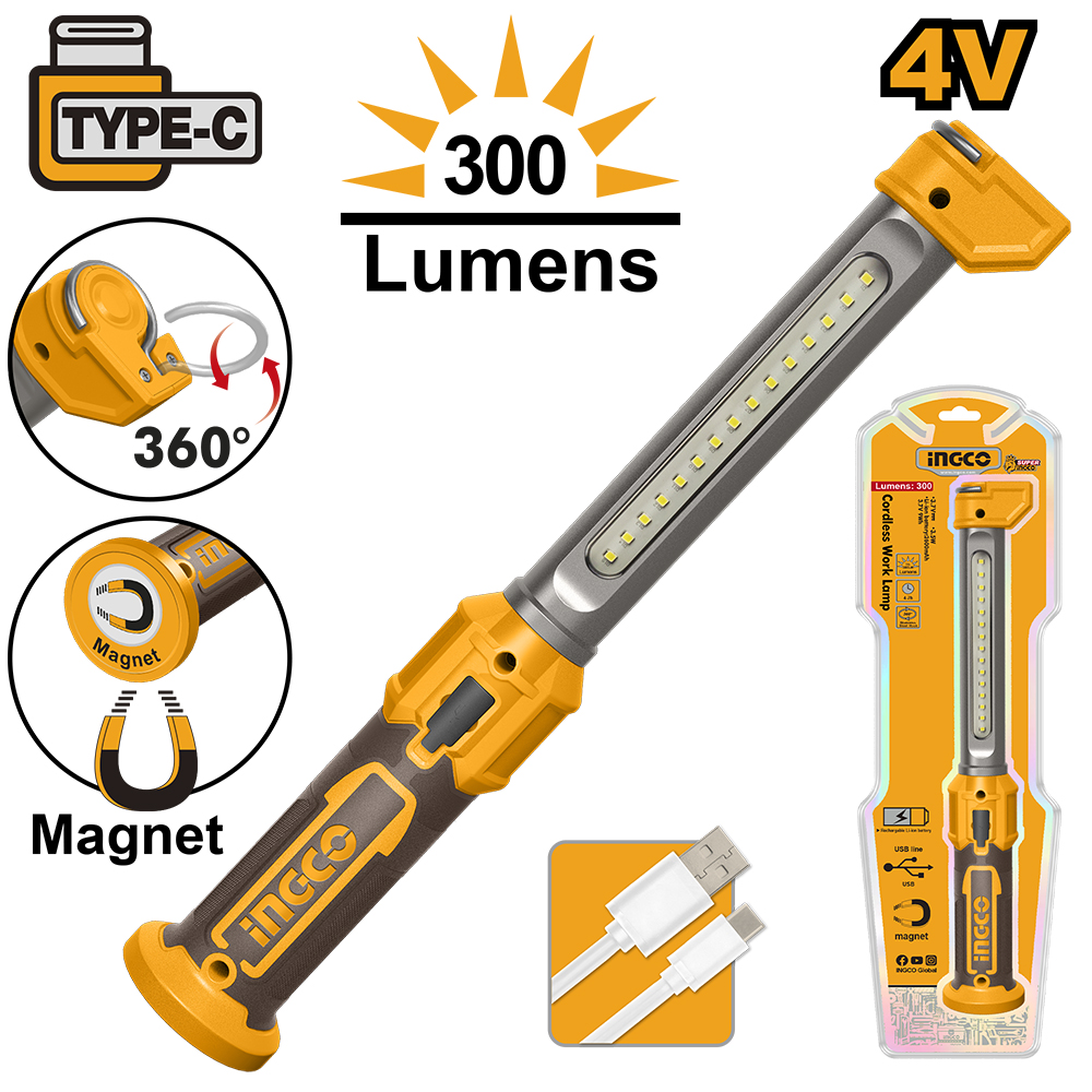 Linterna Inalambica Led 300 Lumens - Usb Tipo C HWLI043006 Ingco