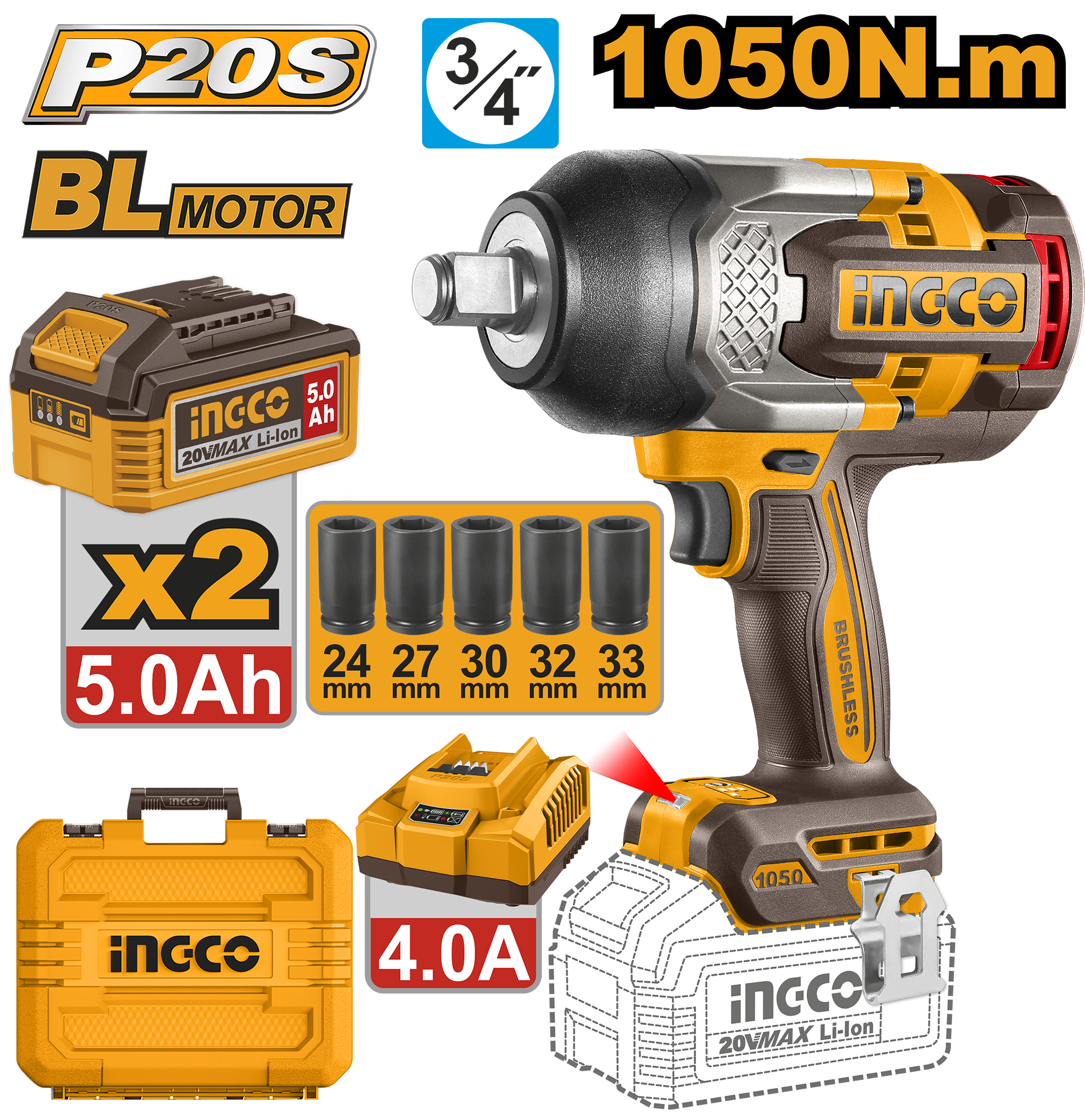 Llave De Impacto 20V 3/4" 1050Nm - Sin Carbones - Kit Maletin CIWLI20105-4 Ingco