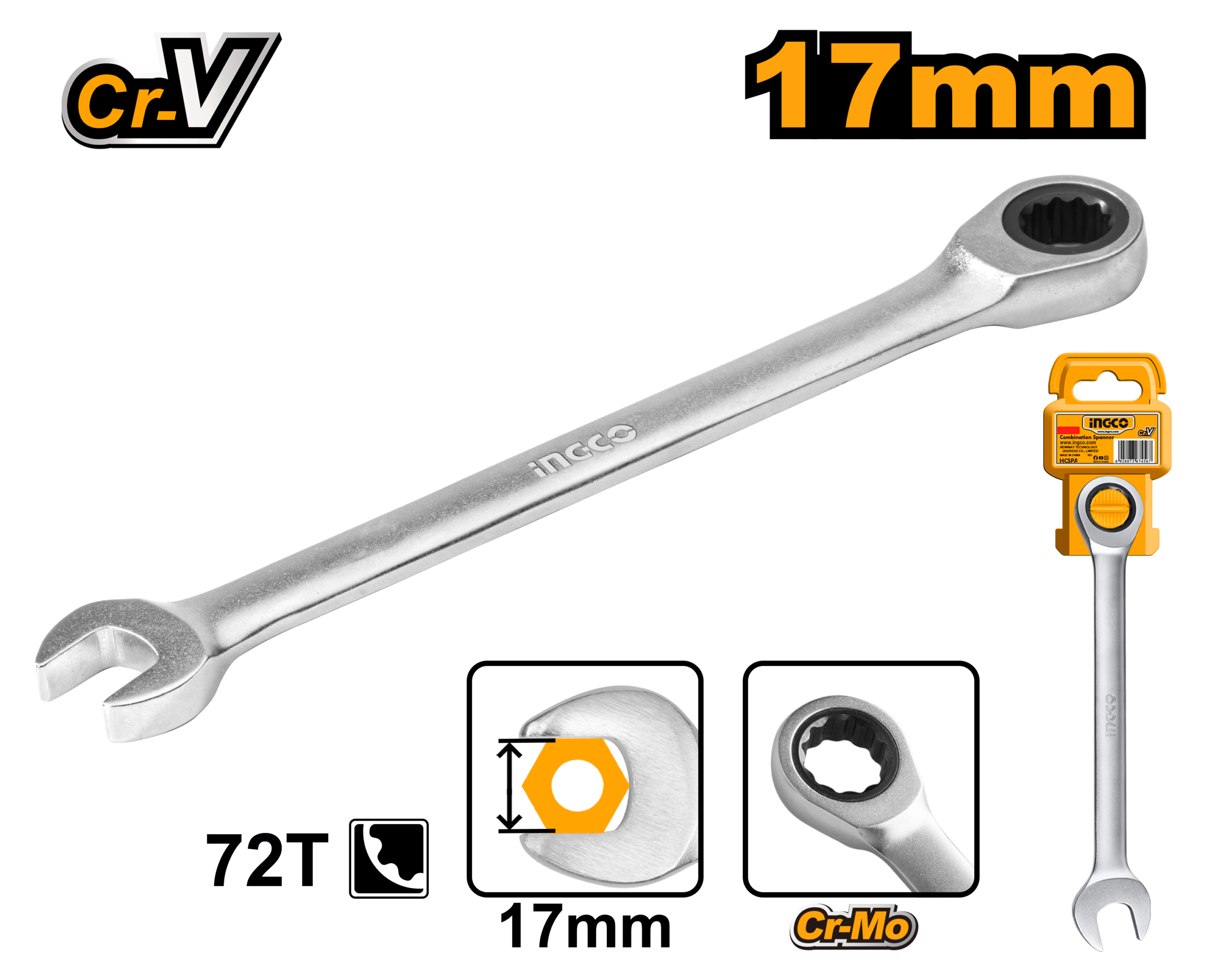 Llave Criquet Combinada Crv 17Mm HCSPAR171 Ingco