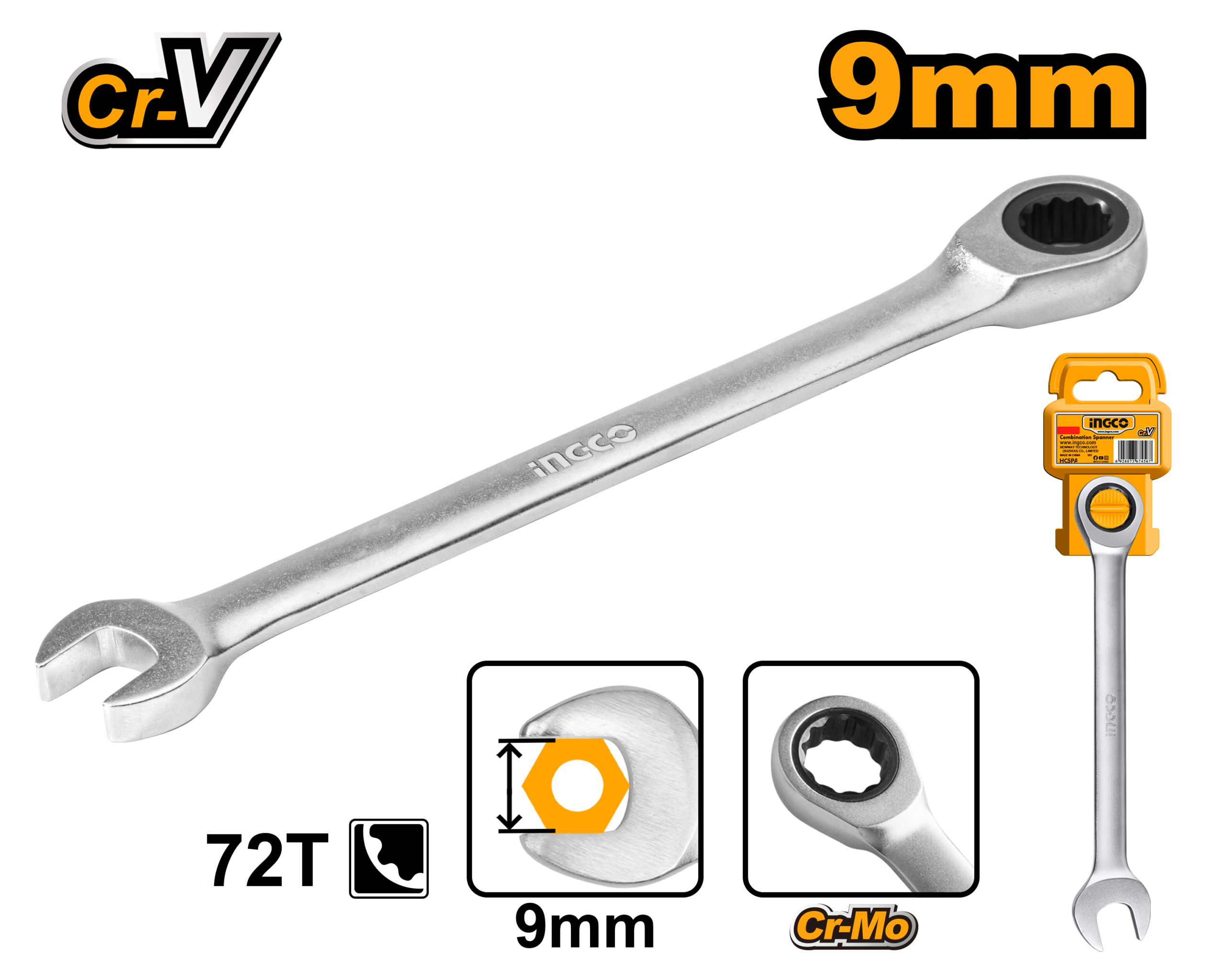 Llave Criquet Combinada Crv 9Mm HCSPAR091 Ingco