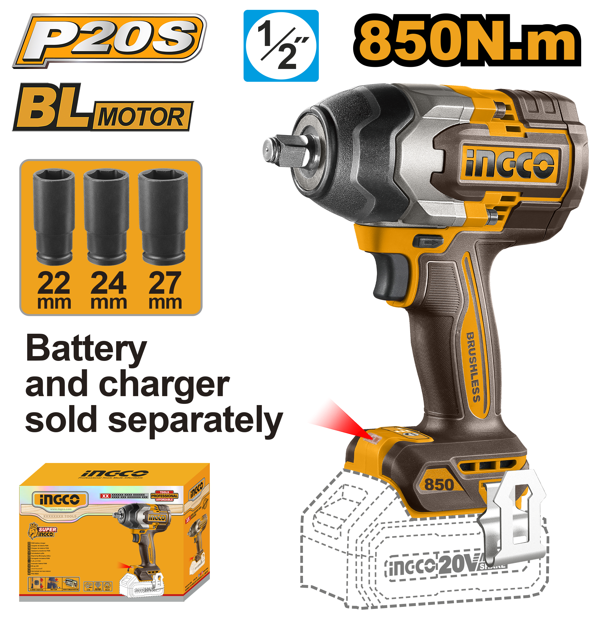 Llave De Impacto 20V 1/2" 850Nm - Sin Carbones -Sin Bat. Ni Cargador CIWLI20851 Ingco