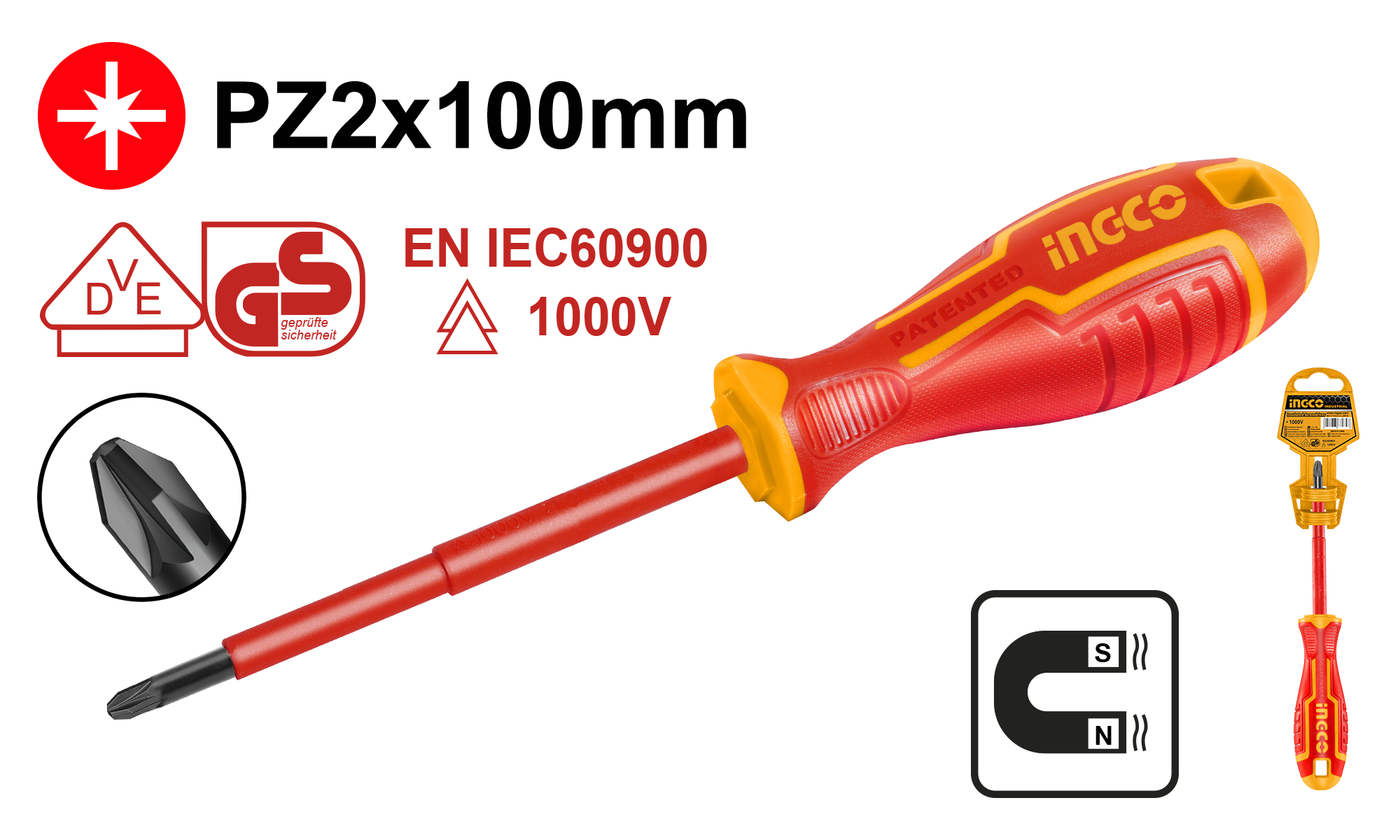 Destornillador Pozidriv 2×100 1000V HISD81PZ2100 Ingco