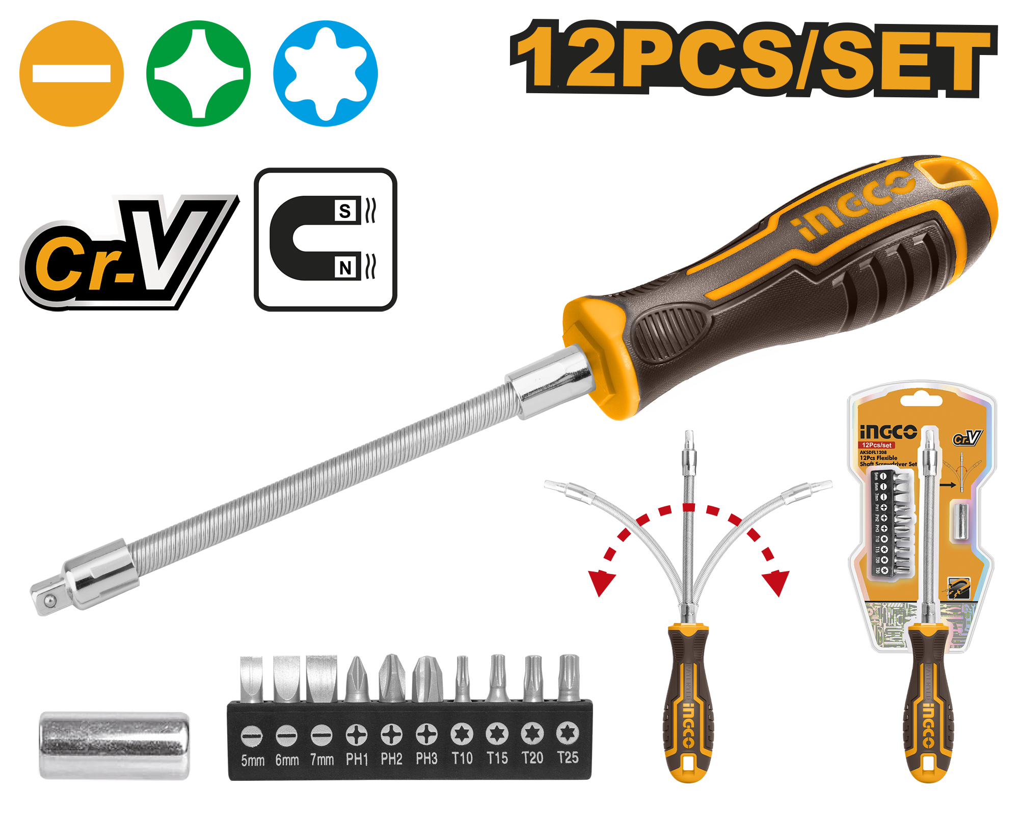Destornillador Flexible Puntas Intercambiables 12 Piezas AKSDFL1208 Ingco