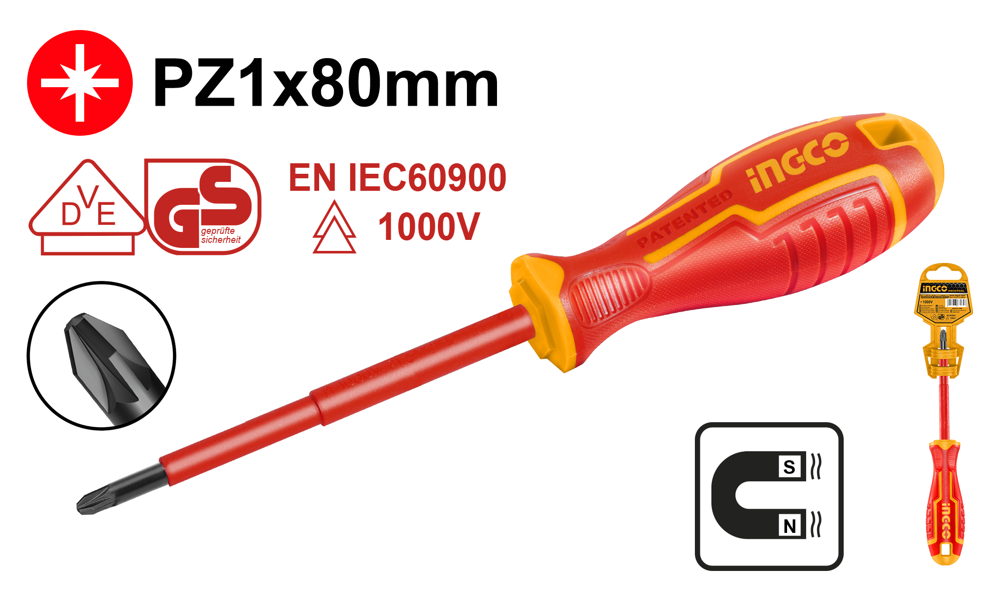 Destornillador Pozidriv 1×80 1000V HISD81PZ180 Ingco