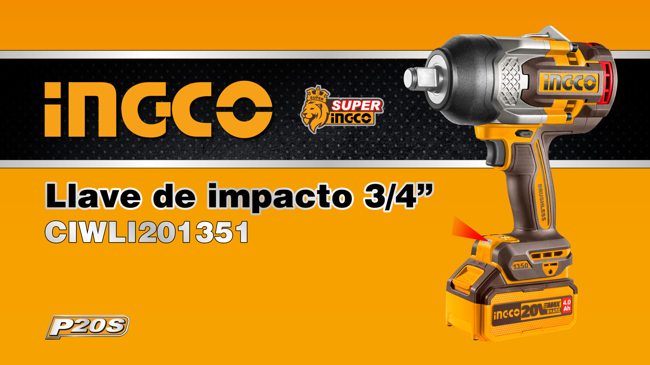 Llave De Impacto 20V 3/4" 1350Nm - Sin Carbones -Sin Bat. Ni Cargador CIWLI201351 Ingco - Imagen 2