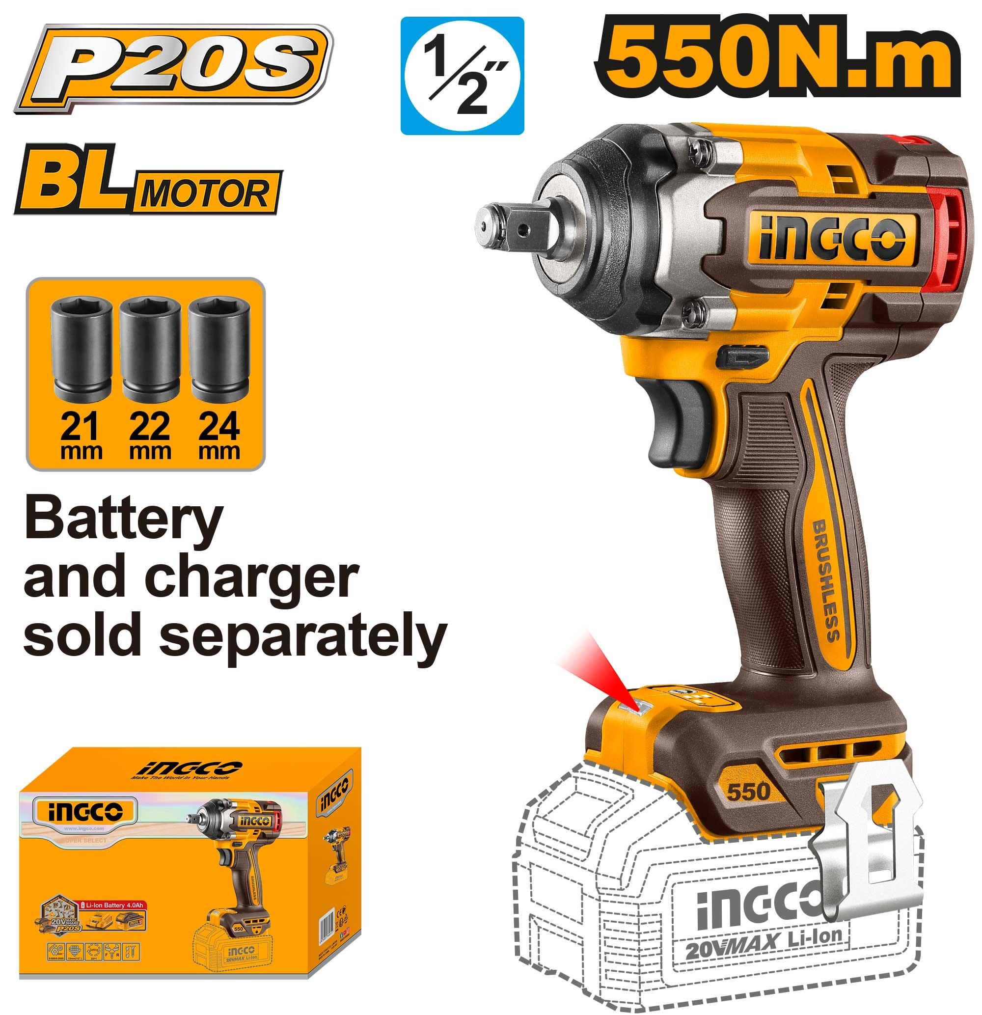 Llave De Impacto 20V  1/2" 550Nm - Sin Carbones - Sin Bat. Ni Cargador CIWLI20551 Ingco