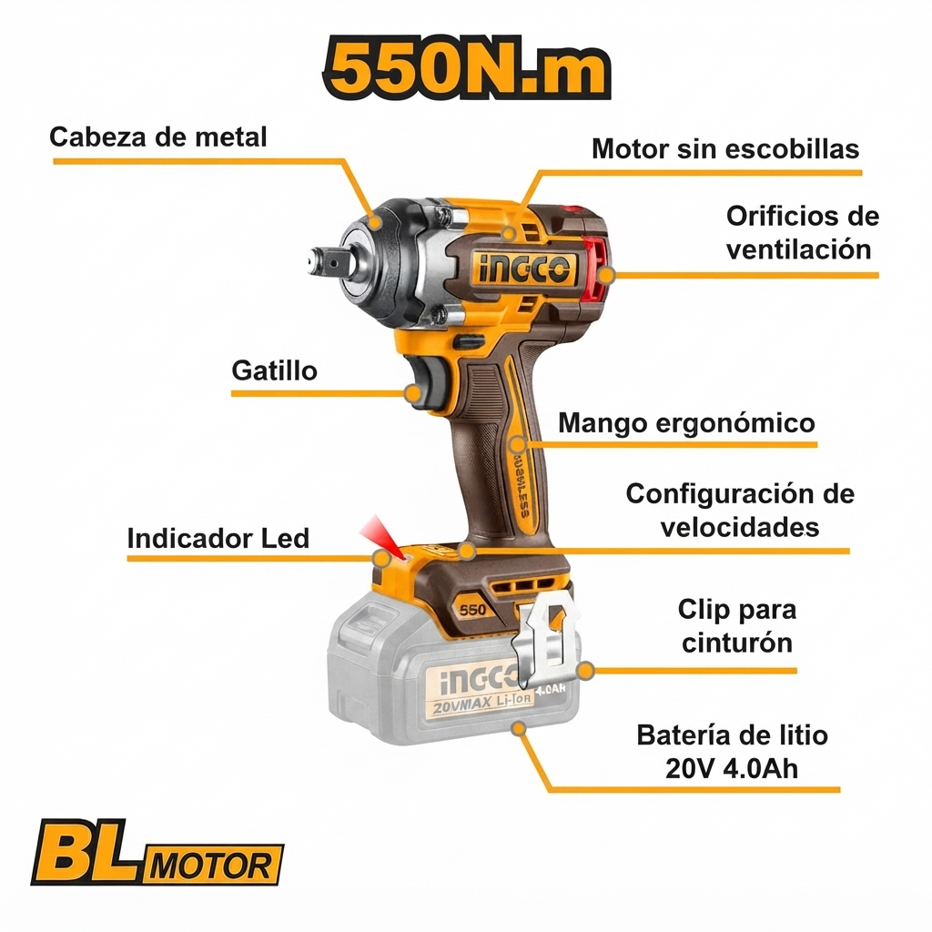 Llave De Impacto 20V 1/2" 550Nm - Sin Carbones - Sin Bat. Ni Cargador CIWLI20551 Ingco - Imagen 2