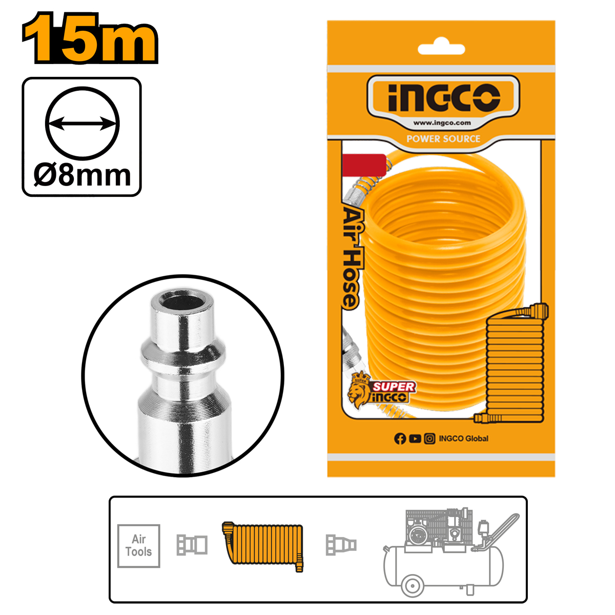 Manguera Espiral Aire Para Compresor 5/8 Mm X 15 M AH1151.1 Ingco