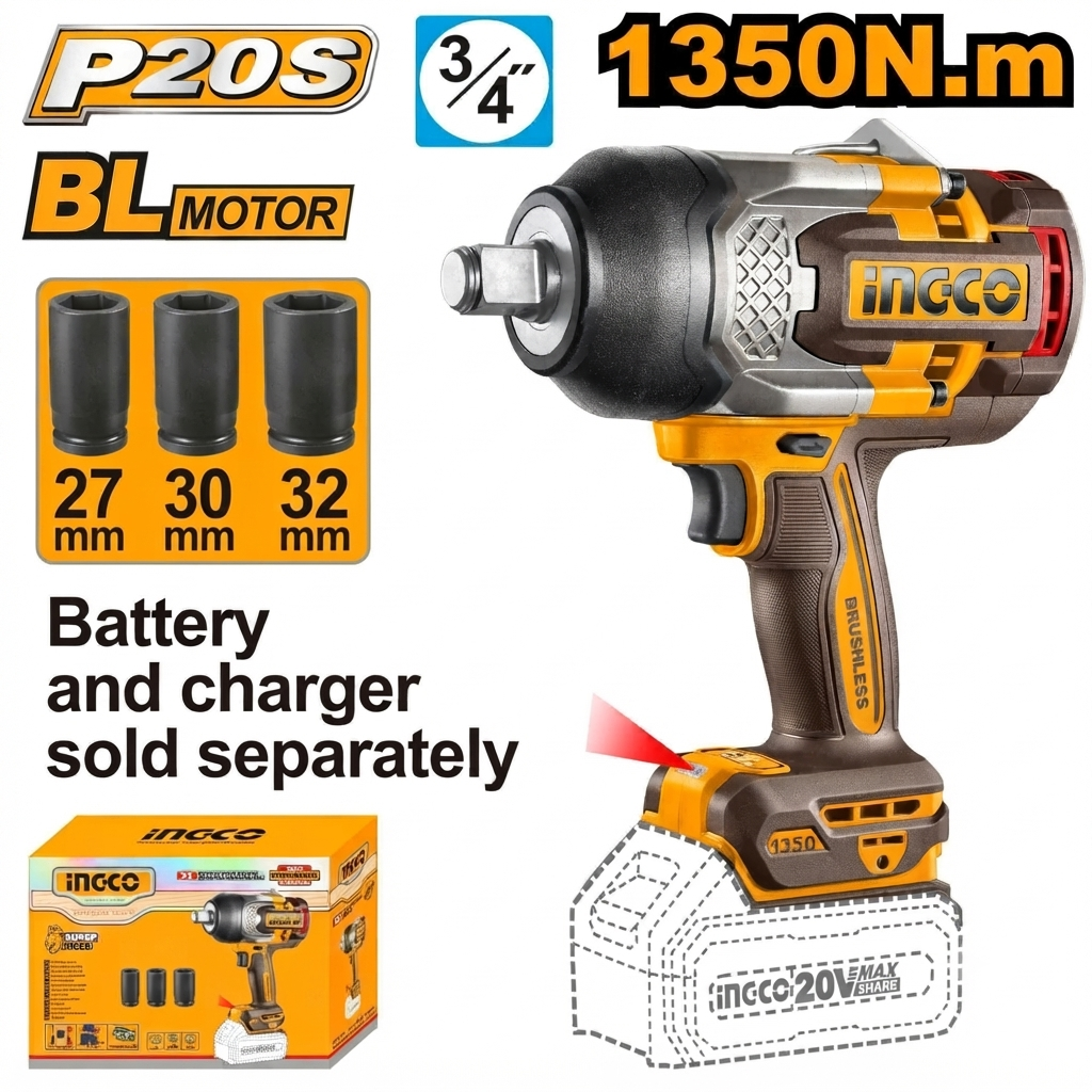 Llave De Impacto 20V  3/4" 1350Nm - Sin Carbones -Sin Bat. Ni Cargador CIWLI201351 Ingco